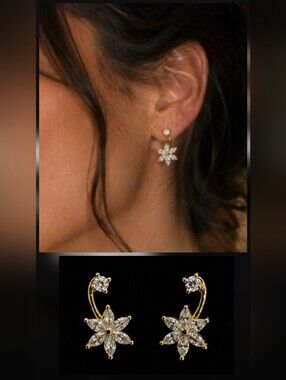 ✨️ Gold-tone Floral CZ Hanging Post Earrings - Elegant Women's Jewelry